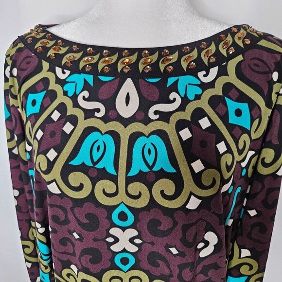 Hale Bob Rhinestone Batwing Sleeves Floral Work Dress Boho Blue Green Medium - Picture 2 of 13